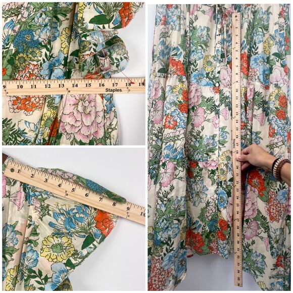 Trovata Birds of Paradis Floral Midi Dress L Ramie Cotton V-Neck Tiered Boho - Picture 7 of 9